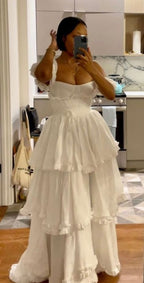 Sexy A Line Straps Ruffles Floor Length Chiffon White Prom Dress 1697