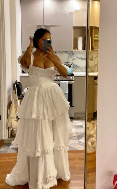 Sexy A Line Straps Ruffles Floor Length Chiffon White Prom Dress 1697