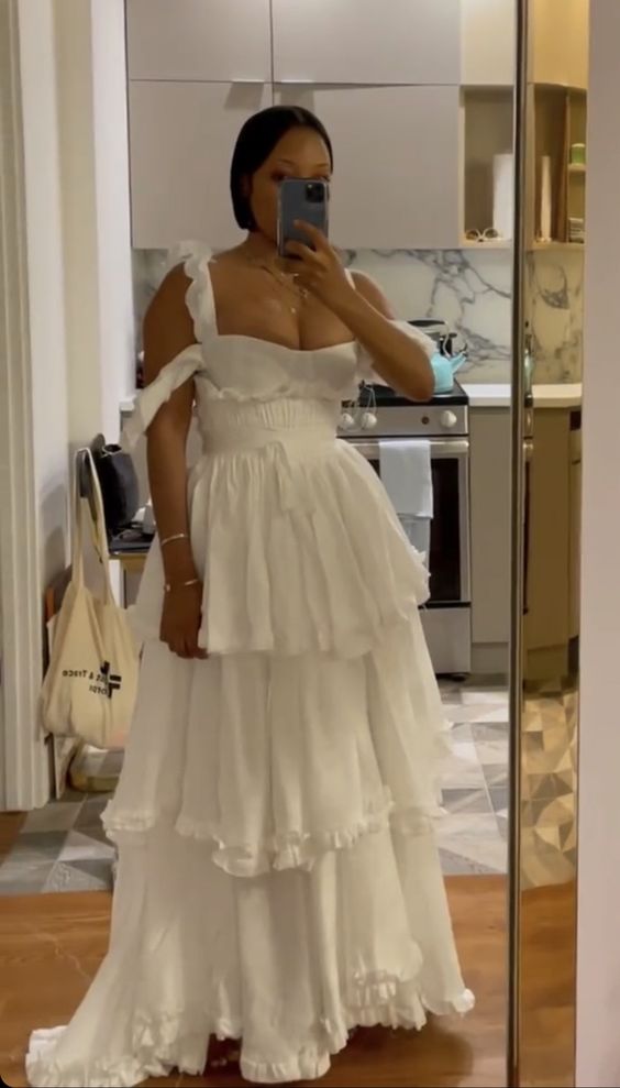 Sexy A Line Straps Ruffles Floor Length Chiffon White Prom Dress 1697 Main image