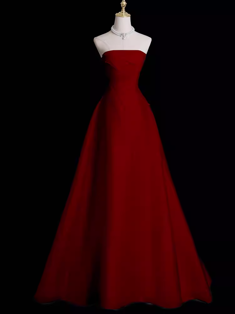 Sexy A Line Strapless Sleeveless Burgundy Long Prom Dress Main image
