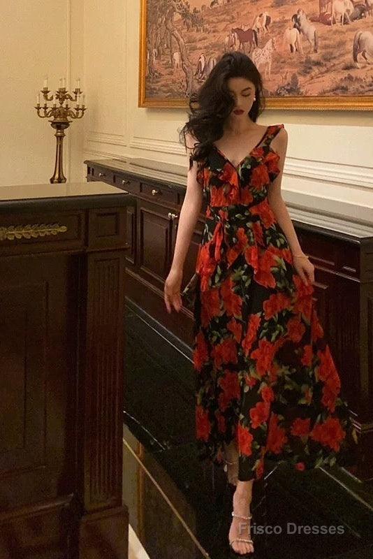 Sexy A Line Straps Sleeveless Red Floral Ruffle Chiffon Prom Dresses Birthday Outfits Main image