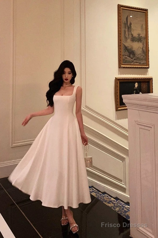Sexy A Line Straps Sleeveless White Tea Length Prom Dresses Birthday Outfits