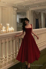 Sexy A Line Straps Wine Red Ankle Length Prom Dresses,Wine Red Formal Dress