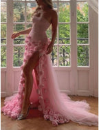 Sexy A Line Sweetheart Sleeveless Party Dress Pink Slit Flowers Prom Dress
