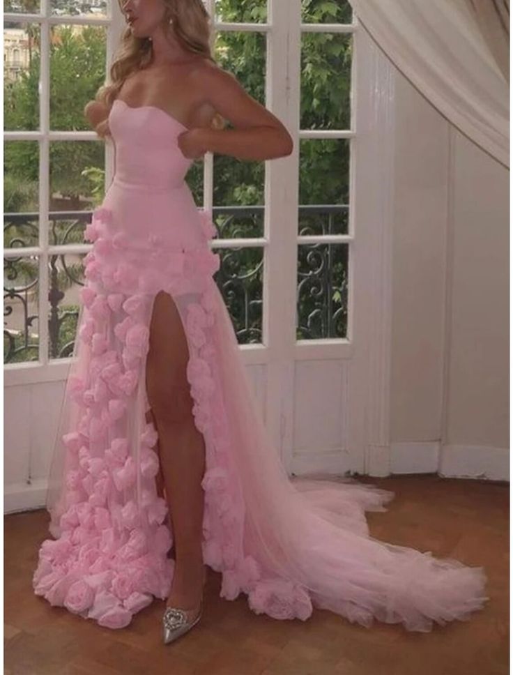 Sexy A Line Sweetheart Sleeveless Party Dress Pink Slit Flowers Prom Dress Secondary image