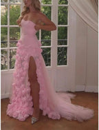 Sexy A Line Sweetheart Sleeveless Party Dress Pink Slit Flowers Prom Dress