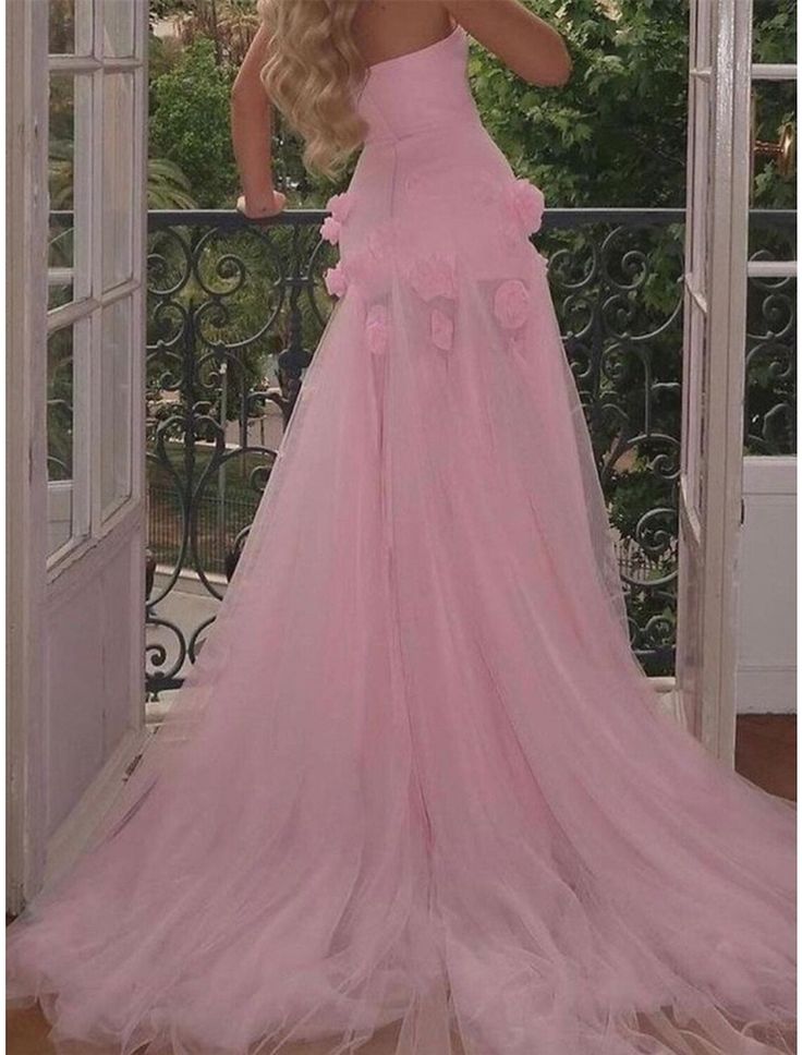 Sexy A Line Sweetheart Sleeveless Party Dress Pink Slit Flowers Prom Dress
