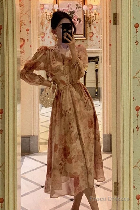 Sexy A Line V Neckline Long Sleeves Pink Floral Prom Dresses Birthday Outfits Evening Gown