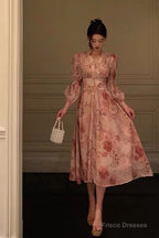 Sexy A Line V Neckline Long Sleeves Pink Floral Prom Dresses Birthday Outfits Evening Gown