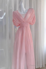 Sexy A Line V Neckline Ruffled Pink Chiffon Beach Dress WomenS Vacation Dresses