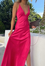 Sexy A Line V Neckline Sleeveless Party Dress Hot Pink Prom Dress