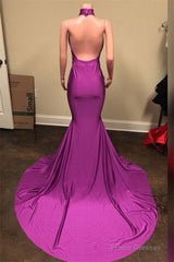 Sexy Backless Long Sweep Train Elastic Purple Prom Dress