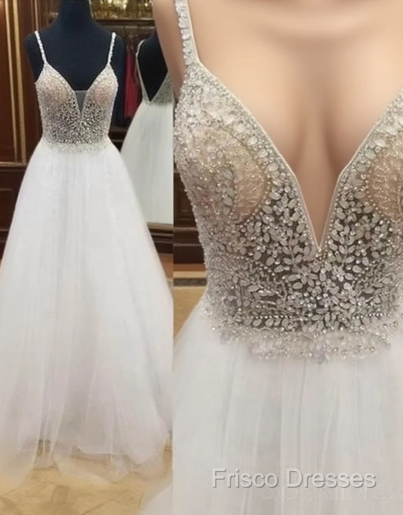 Sexy Backless V Neck White Beaded A-Line Long Formal Prom Dress