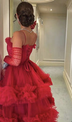 Sexy Ball Gown Long Straps Red Tulle Prom Dresses