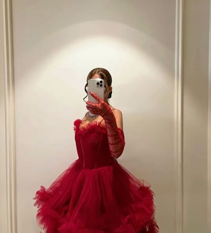 Sexy Ball Gown Long Straps Red Tulle Prom Dresses