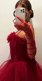 Sexy Ball Gown Long Straps Red Tulle Prom Dresses