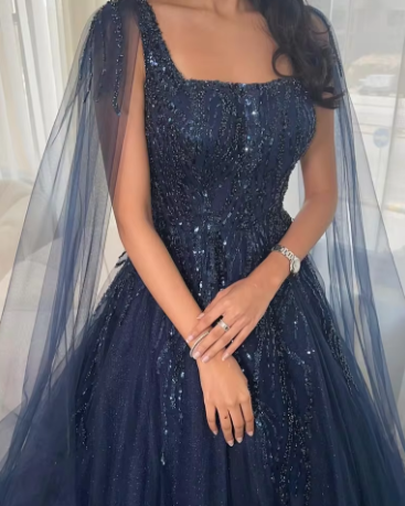 Sexy Ball Gown Navy Blue Tulle Long Sequin Prom Dresses Long Party Dress Secondary image