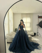 Sexy Ball Gown Navy Blue Tulle Long Sequin Prom Dresses Long Party Dress