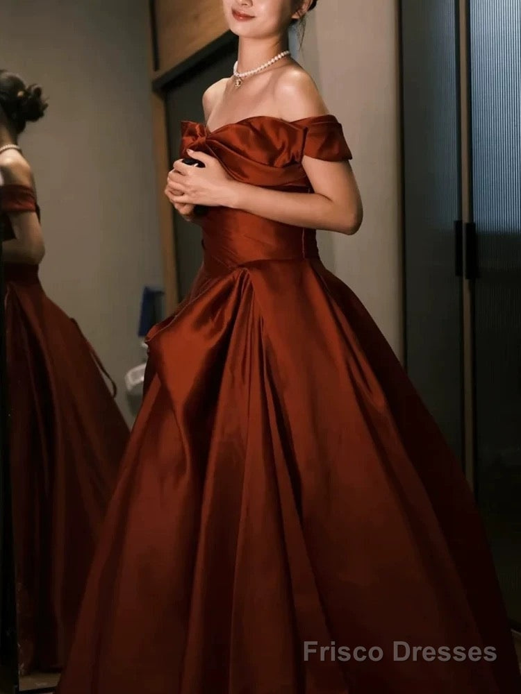 Sexy Ball Gown Off The Shoulder Satin Rust Red Floor Length Evening Dress Prom Dresses Secondary image