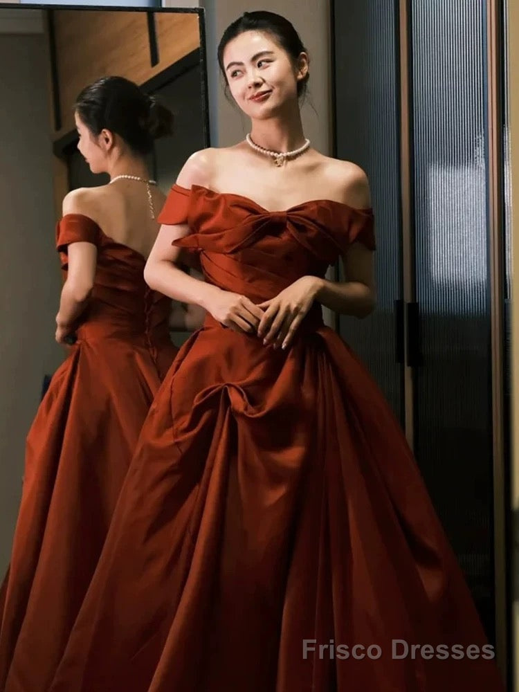 Sexy Ball Gown Off The Shoulder Satin Rust Red Floor Length Evening Dress Prom Dresses