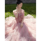 Sexy Ball Gown Spaghetti Straps Pink Tulle Evening Dress Formal Prom Dress