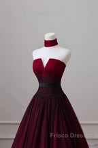 Sexy Ball Gown Strapless Long Burgundy Formal Prom Dress Evening Dress