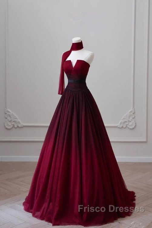 Sexy Ball Gown Strapless Long Burgundy Formal Prom Dress Evening Dress