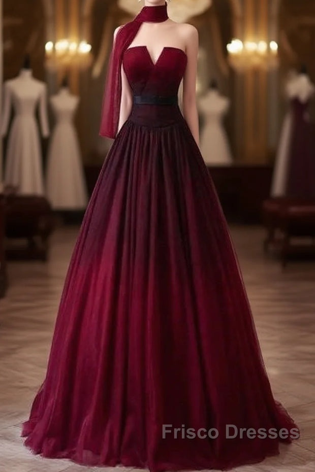 Sexy Ball Gown Strapless Long Burgundy Formal Prom Dress Evening Dress Main image