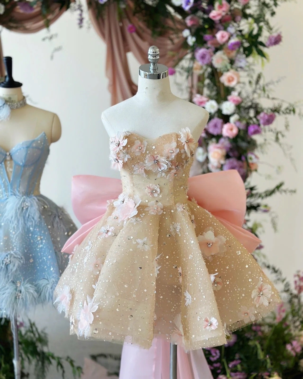 Sexy Ball Gown Sweetheart Pink Floral Lace Prom Dresses Party Dress Secondary image