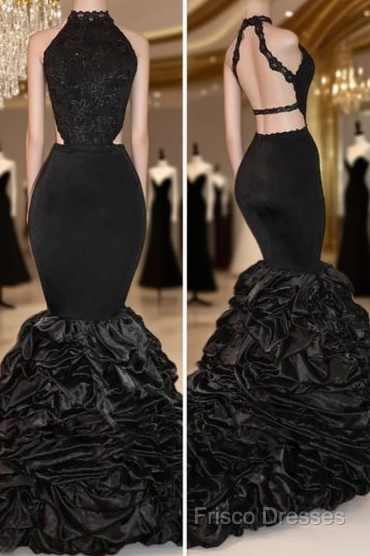 Sexy Black Backless Mermaid Ruffles Tiered African Long Lace Formal Prom Dress