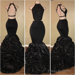 Sexy Black Backless Mermaid Ruffles Tiered African Long Lace Prom Dresses