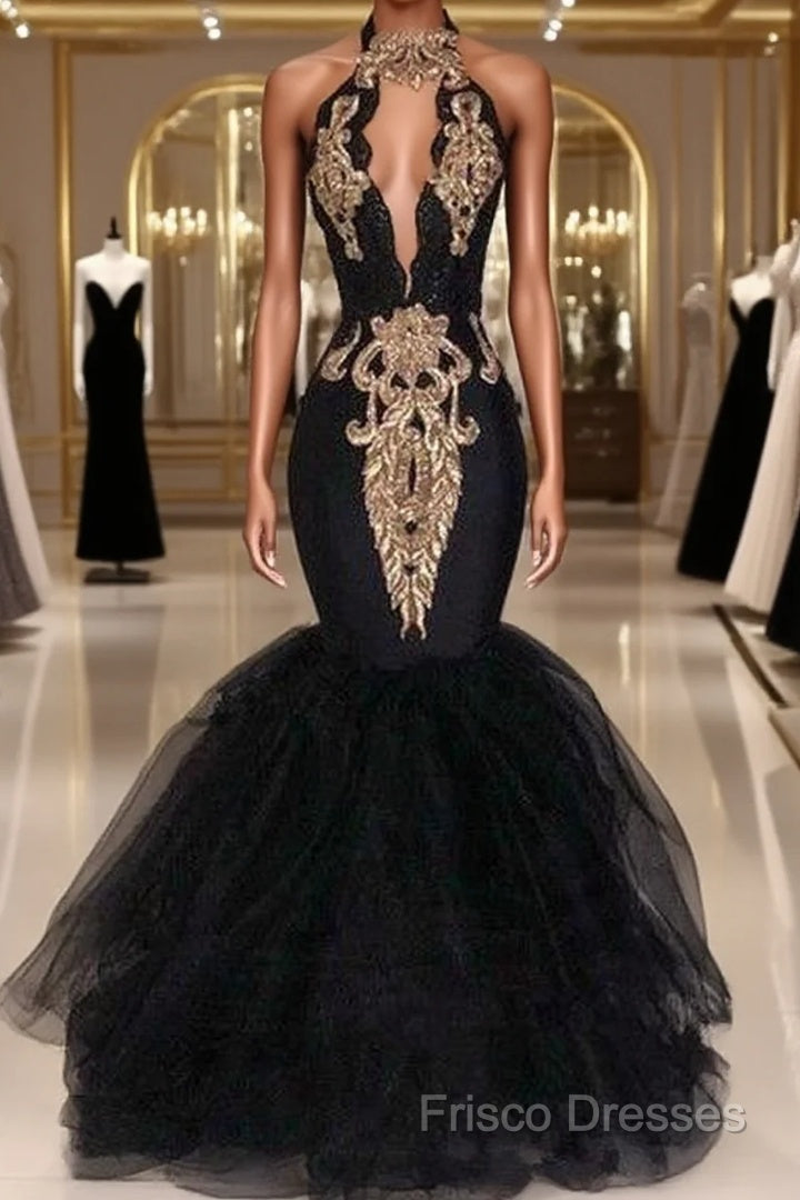 Sexy Black Halter Mermaid Long Formal Prom Dress Keyhole Lace Gold Shiny Applique Beaded Floor Length Formal Party Gowns
