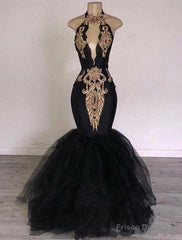 Sexy Black Halter Mermaid Long Prom Dresses  Keyhole Lace Gold Shiny Applique Beaded Floor Length Evening Party Gowns