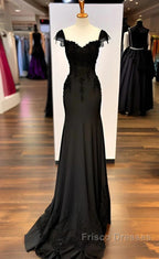 Sexy Black Mermaid Gown V Neck Chiffon Lace Formal Prom Dress Evening Dress