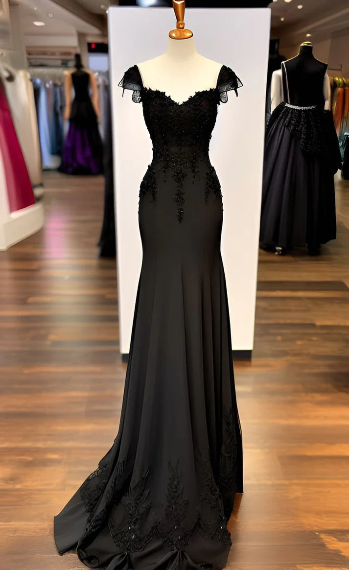 Sexy Black Mermaid Gown V Neck Chiffon Lace Prom Dress Evening Dress Main image