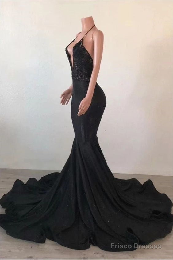 Sexy Black Mermaid Halter Backless Prom Dress With Lace Top Main image