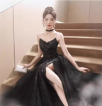 Sexy Black Spaghetti Strap V-Neck Split Sequined Tulle Long Prom Dress Evening Dress
