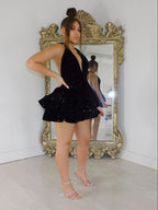 Sexy Black Sparking Short Cocktail Dresses Back Open Tiered Sequin Graduation Gown Parties Night