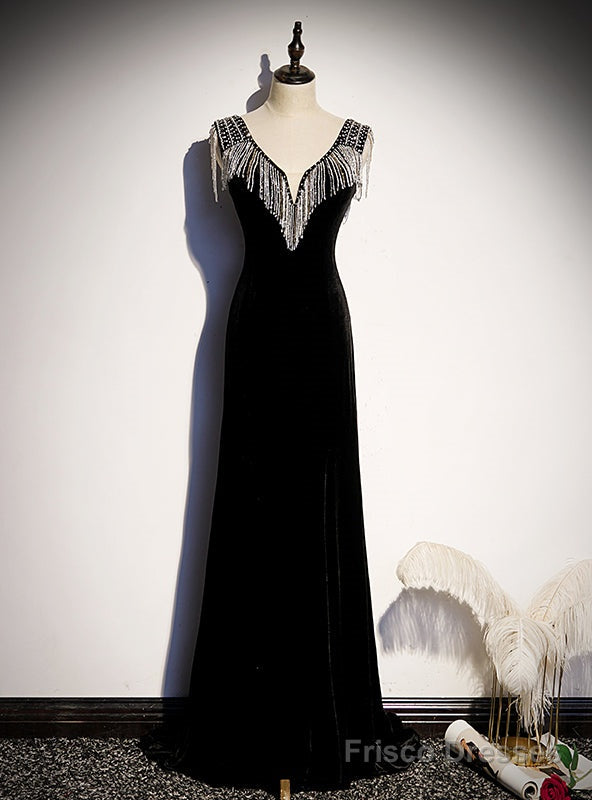 Sexy Black Velvet V-neck Beading Prom Dress Main image
