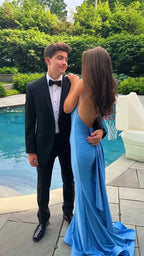 Sexy Blue Mermaid Prom Dresses,Open Back Long Evening Party Dress