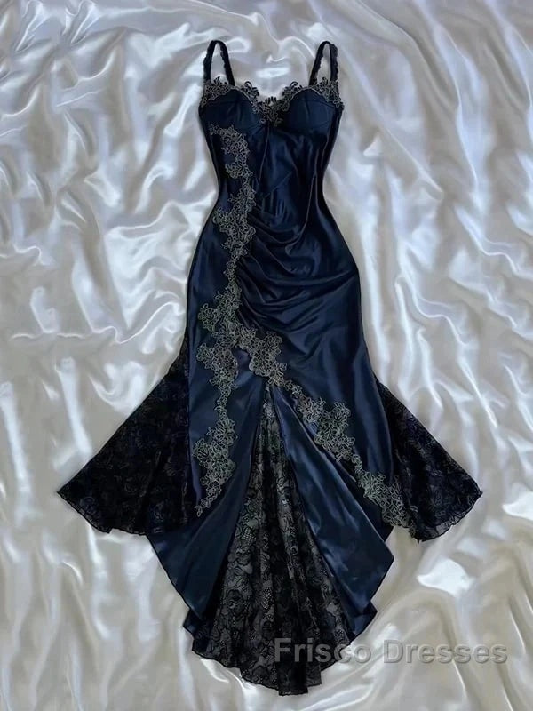 Sexy Bodycon Mermaid Straps Long Navy Blue Lace Formal Prom Dress Party Dress