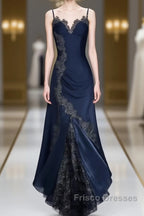 Sexy Bodycon Mermaid Straps Long Navy Blue Lace Formal Prom Dress Party Dress