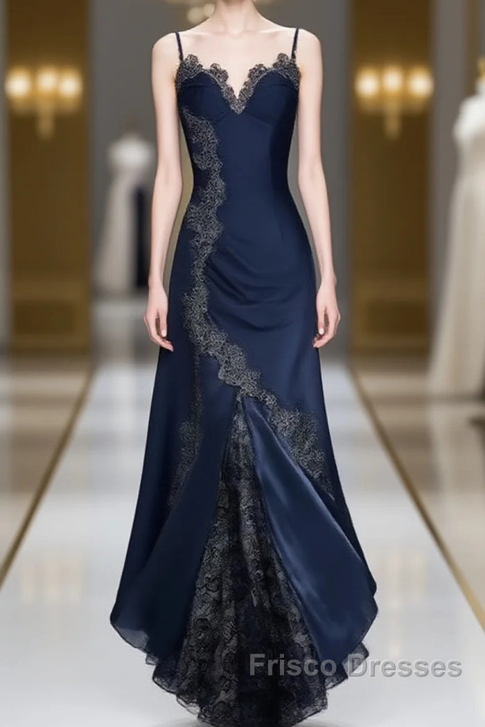 Sexy Bodycon Mermaid Straps Long Navy Blue Lace Formal Prom Dress Party Dress