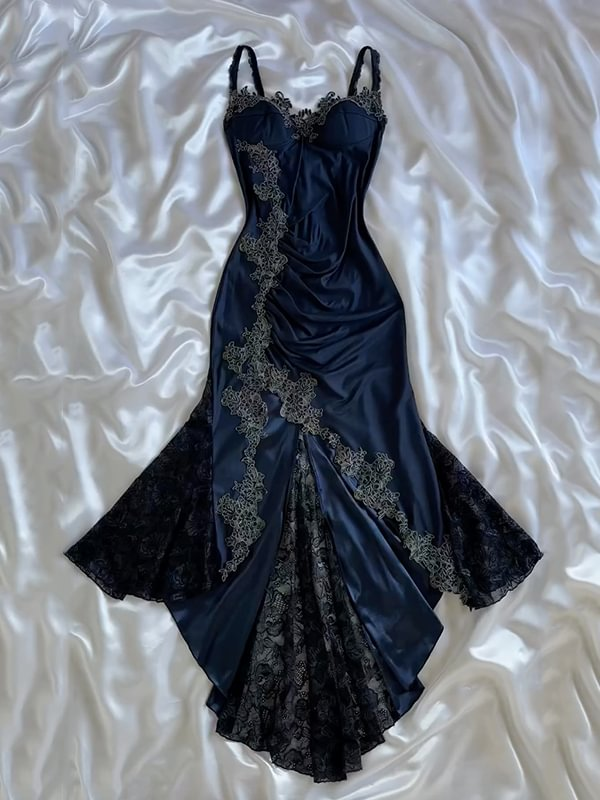 Sexy Bodycon Mermaid Straps Long Navy Blue Lace Prom Dress Party Dresses Main image