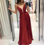 Sexy Burgundy A-Line V-Neck Cross Back Shimmer Satin Long Prom Dress Evening Dress