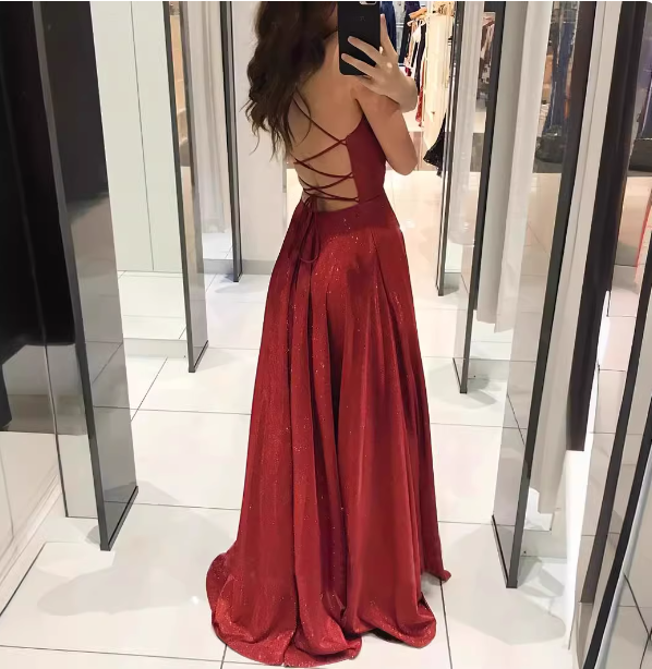 Sexy Burgundy A-Line V-Neck Cross Back Shimmer Satin Long Prom Dress Evening Dress Main image