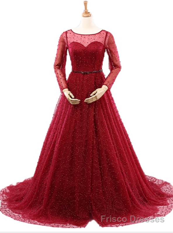 Sexy Burgundy Long Sleeve Tulle Pearls Wedding Dress Main image