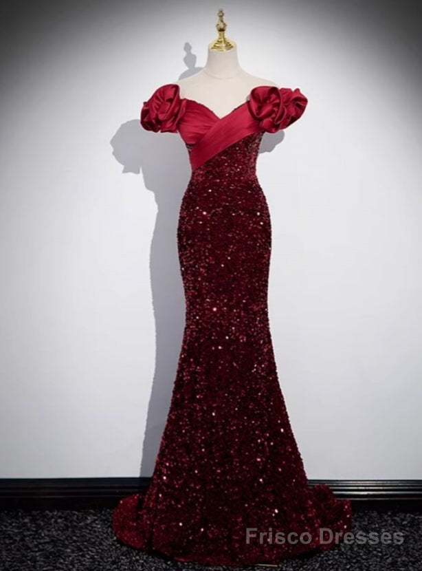 Sexy Burgundy Mermaid Satin Off the Shoulder Pleats Prom Dress Main image