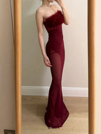 Sexy Burgundy Mermaid Strapless Mesh Long Prom Dress Evening Dress
