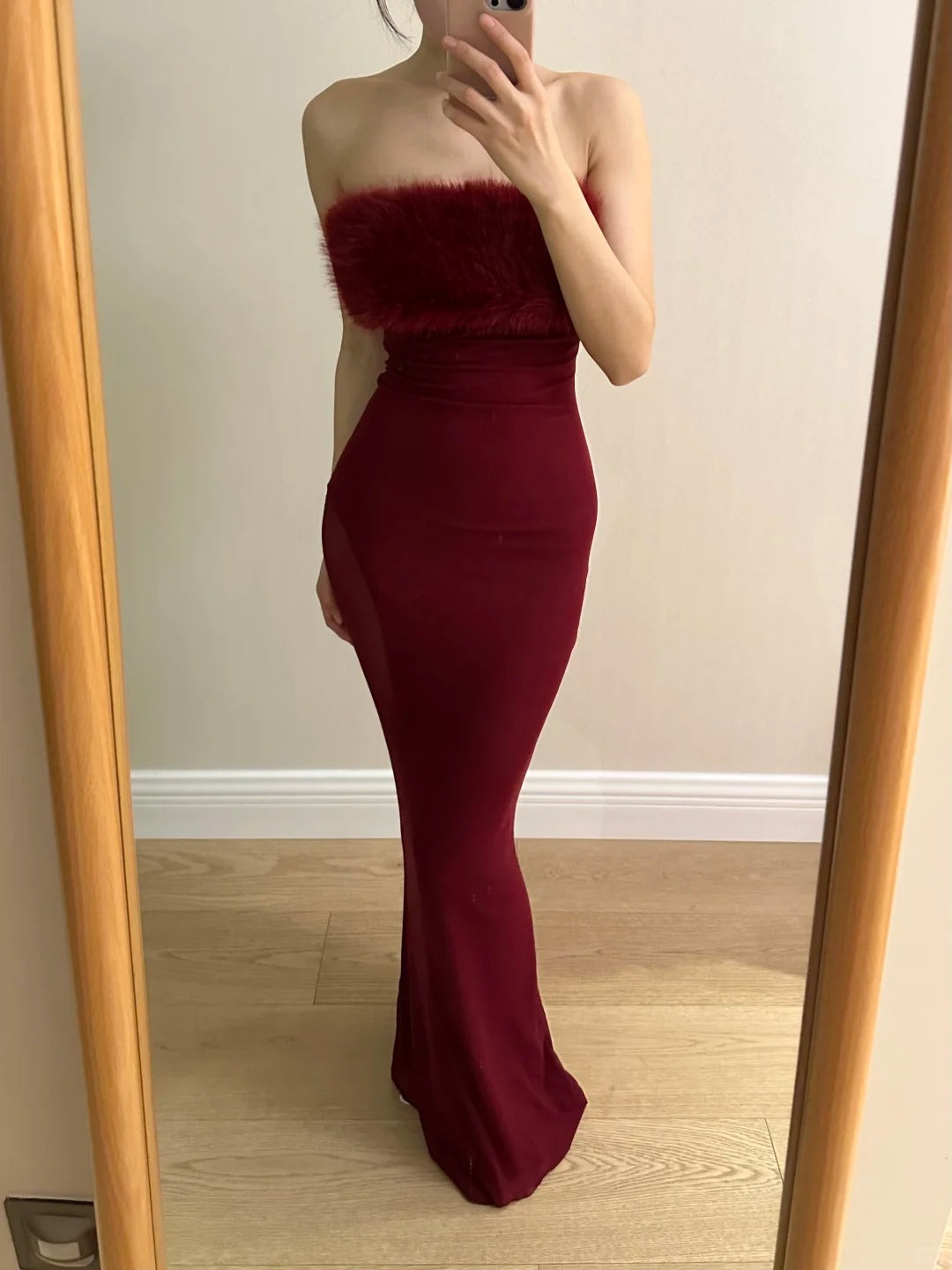 Sexy Burgundy Mermaid Strapless Mesh Long Prom Dress Evening Dress